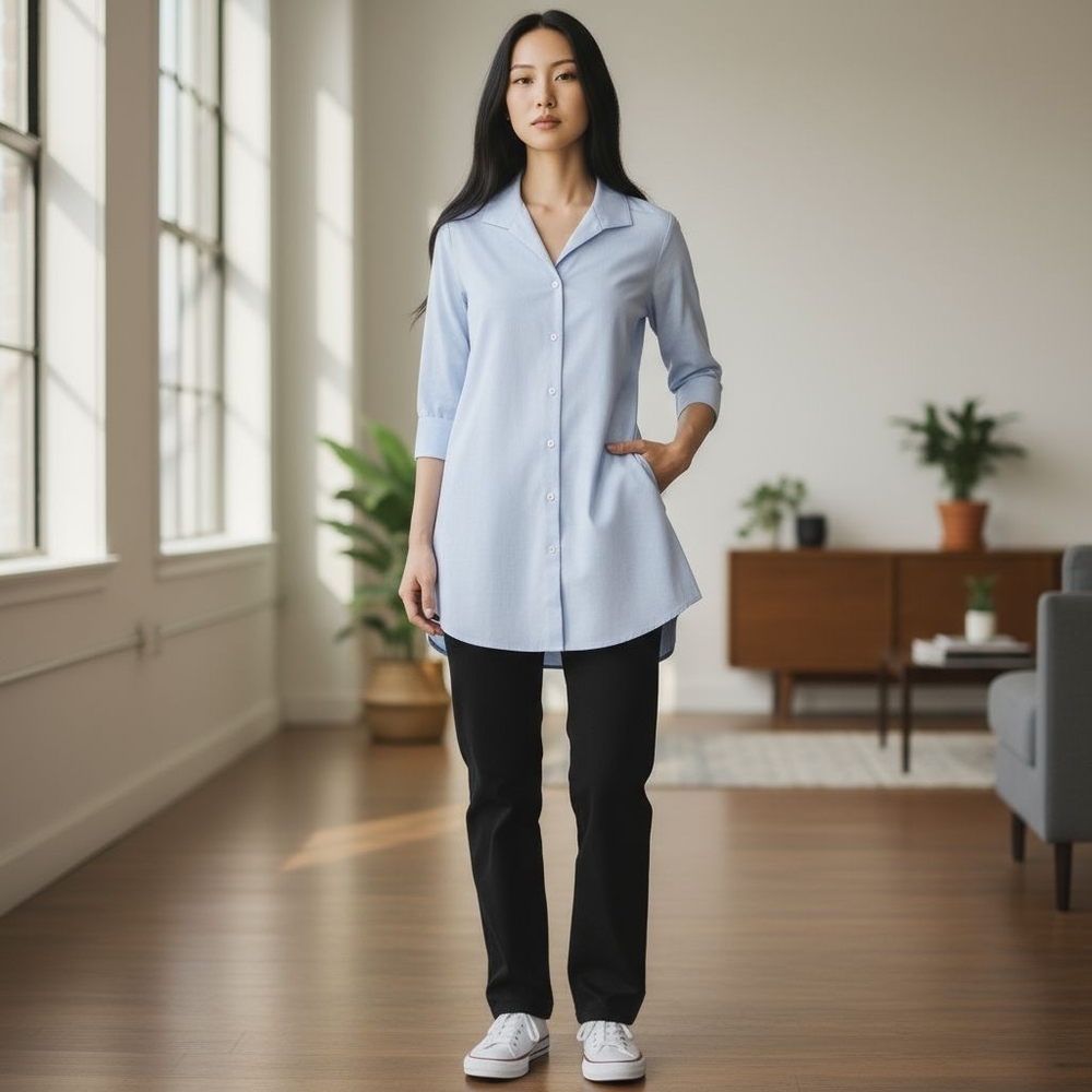 Foxcroft Cecelia No Iron 3/4 Sleeve Button Down Tunic Blouse Heritage Collection